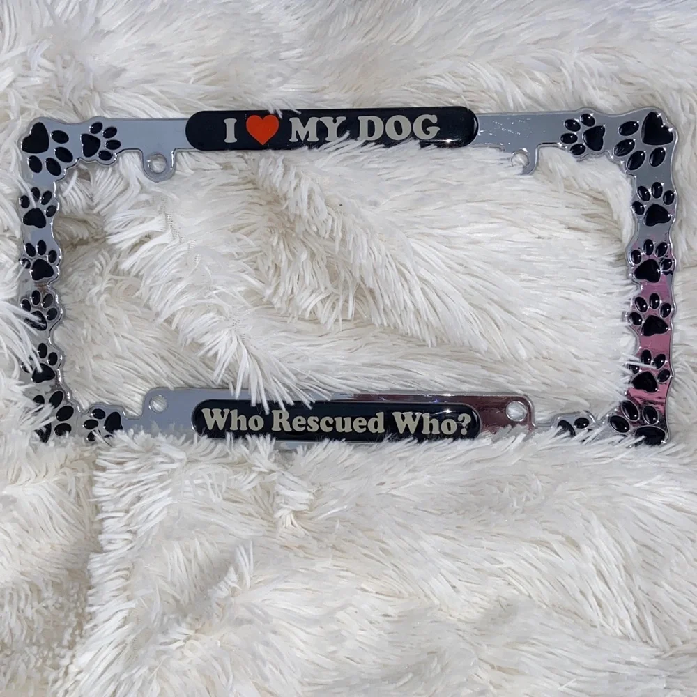 License plate frame, “I ❤️ My Dog” chrome plated finish decorative paw print.